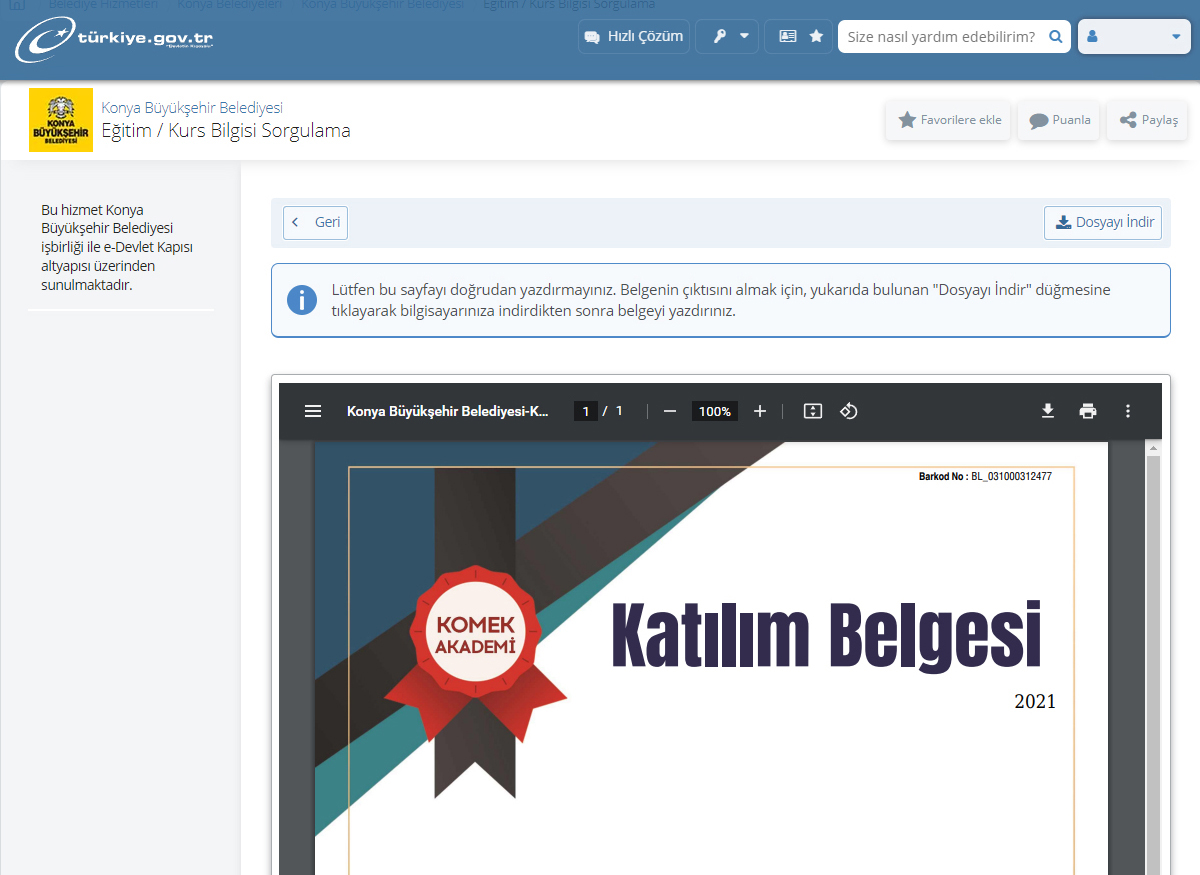 KOMEK Katılım Belgeleri Artık E-Devlet'te 