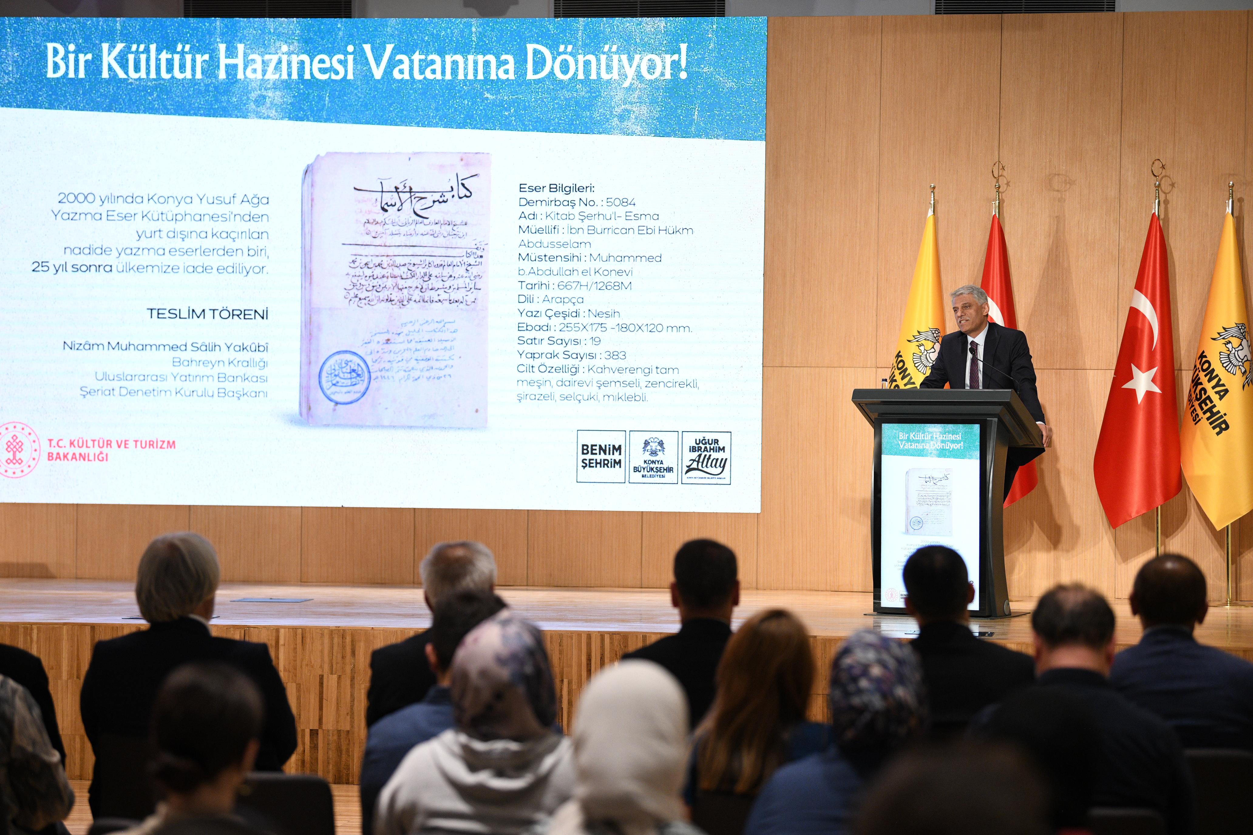 YURT DIŞINA KAÇIRILAN NADİDE YAZMA ESERLERDEN “KİTAB ŞERHU’L-ESMA” YENİDEN KONYA’YA KAZANDIRILDI